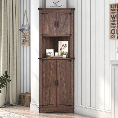 Hlivelood 68" Tall Farmhouse Corner Cabinet, 5-Tier Storage Cabinet with 4 Barn Doors & Adjustable Shelves, Bathroom Cabinets with Storage for Living Room, Kitchen, Bathroom, Brown