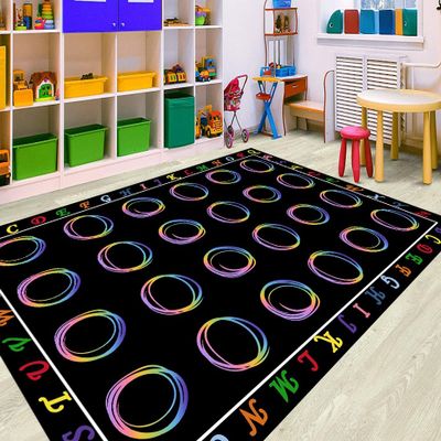 HUAHOO Small Classroom Rug Black Elementary Preschool Teacher Learning Carpet Seating Rug for Kids Room with Non-Slip Backing, 5' x 7'6", Rainbow Lines