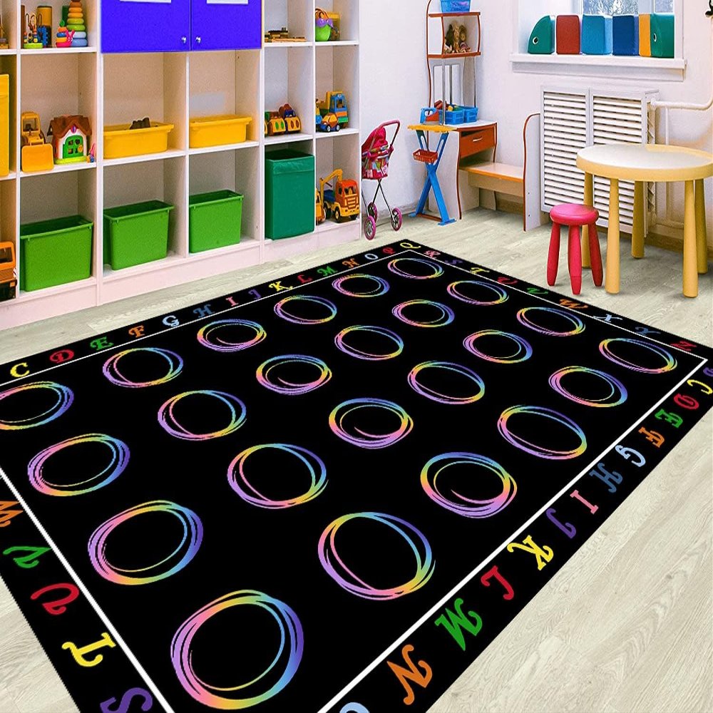 HUAHOO Small Classroom Rug Black Elementary Preschool Teacher Learning Carpet Seating Rug for Kids Room with Non-Slip Backing, 5' x 7'6", Rainbow Lines