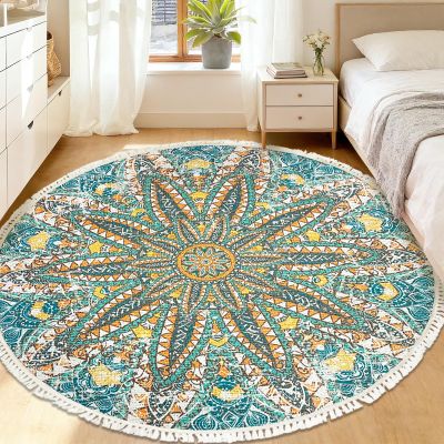 Lacomfy Round Rug Carpet 5Ft Boho Floral Rug for Bedroom Farmhouse Living Room Kids Room, Large Circle Nonskid Decorative Rug with Tassels, Washable Entrance Doormat Hallway Mat, Green