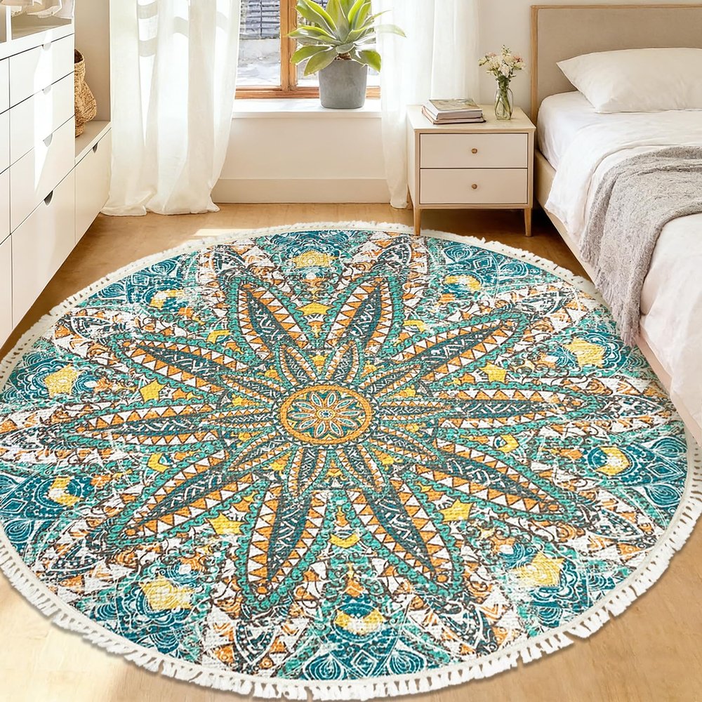 Lacomfy Round Rug Carpet 5Ft Boho Floral Rug for Bedroom Farmhouse Living Room Kids Room, Large Circle Nonskid Decorative Rug with Tassels, Washable Entrance Doormat Hallway Mat, Green