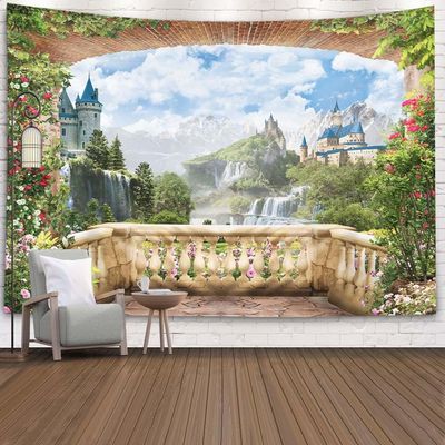 EMMTEEY Flower Wall Tapestry Pretty Tapestry View from Balcony of Waterfalls with Castles Tapestries for Bedroom 92.5X70.9 Inches Present for Families