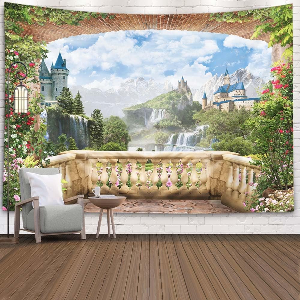 EMMTEEY Flower Wall Tapestry Pretty Tapestry View from Balcony of Waterfalls with Castles Tapestries for Bedroom 92.5X70.9 Inches Present for Families