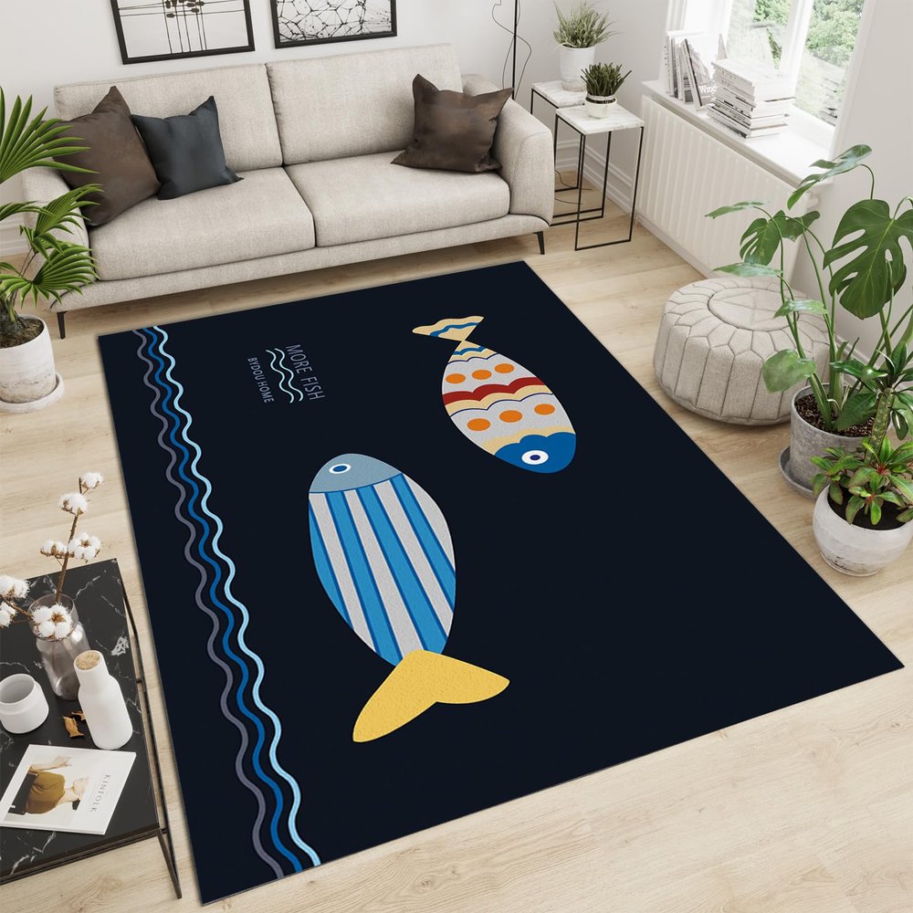 Cartoon Swimming Fish Bedroom Rug, Modern European Style Black Simple Living Room Carpet, Farmhouse Rug Durable Enough Bright Color Apply to Family and Pet Bath Mat Living Room,35ft/90 * 150cm