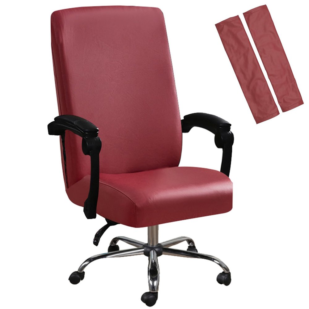 Shukii Waterproof Office Chair Cover+Arm Cover PU Leather Computer Seat Covers Stretch Rotating Chair Slipcover with Elastic Bottom Universal Chair Protectors for Rotating Boss Chair