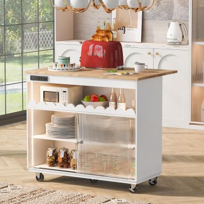 Kitchen Island with Drop Leaf and LED Light, Kitchen Cart on Wheels with Wood Top Large Serving Trolley Cart Power Outlets, 2 Sliding Fluted Glass Doors, Two Cabinet, 1 Open Shelf, White