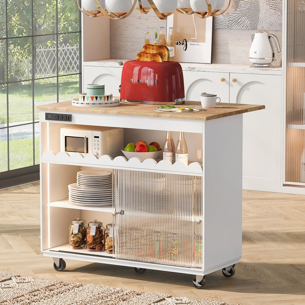 Kitchen Island with Drop Leaf and LED Light, Kitchen Cart on Wheels with Wood Top Large Serving Trolley Cart Power Outlets, 2 Sliding Fluted Glass Doors, Two Cabinet, 1 Open Shelf, White