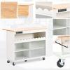 Kitchen Island with Drop Leaf and LED Light, Kitchen Cart on Wheels with Wood Top Large Serving Trolley Cart Power Outlets, 2 Sliding Fluted Glass Doors, Two Cabinet, 1 Open Shelf, White view 2