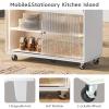 Kitchen Island with Drop Leaf and LED Light, Kitchen Cart on Wheels with Wood Top Large Serving Trolley Cart Power Outlets, 2 Sliding Fluted Glass Doors, Two Cabinet, 1 Open Shelf, White view 3