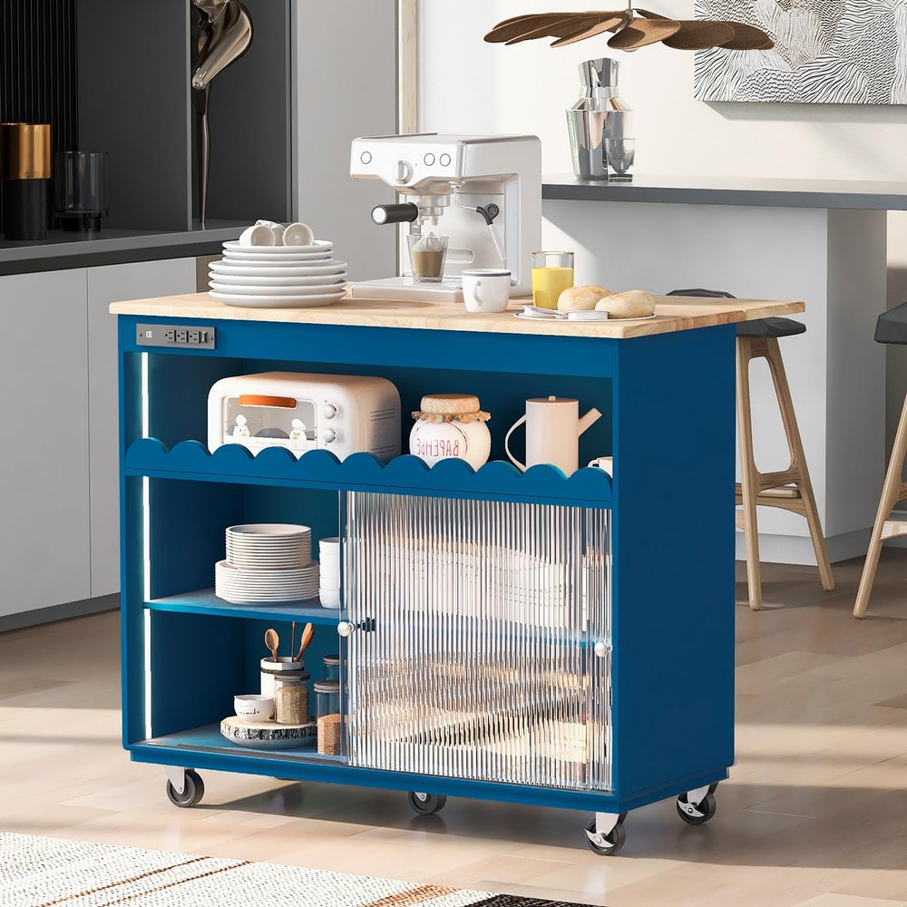 Kitchen Island Cart with Wood Drop-Leaf Countertop, Storage Trolley Cart on Wheels LED Light Kitchen Cart with Power Outlets, 2 Sliding Fluted Glass Doors, 2 Cabinet and 1 Open Shelf, Navy Blue