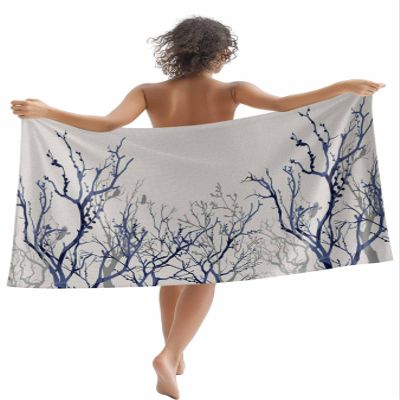 Lansemy Branches Beach Towel - 31x63 Inch Sand Proof Water Absorbent Travel Towel for Adults, Watercolor Blue Grey Tree Forest Burlap Quick Dry Pool Towel Travel Camping Blanket for Yoga Bathroom