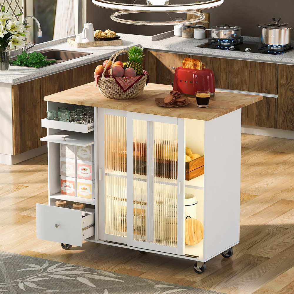 Kitchen Island with Drop Leaf, Rubber Wood Top Kitchen Cart with 2 Fluted Glass Doors and 1 Flip Cabinet Door LED Light Rolling Kitchen Island Cart with an Adjustable Shelf and 2 Drawers, White