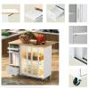 Kitchen Island with Drop Leaf, Rubber Wood Top Kitchen Cart with 2 Fluted Glass Doors and 1 Flip Cabinet Door LED Light Rolling Kitchen Island Cart with an Adjustable Shelf and 2 Drawers, White view 3