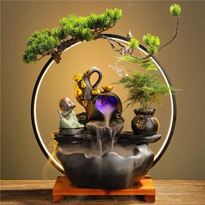 Flowing water fountain ornaments to attract wealth, creative living room entrance hall, office humidifier decoration, new home opening gift (Large-little buddha)