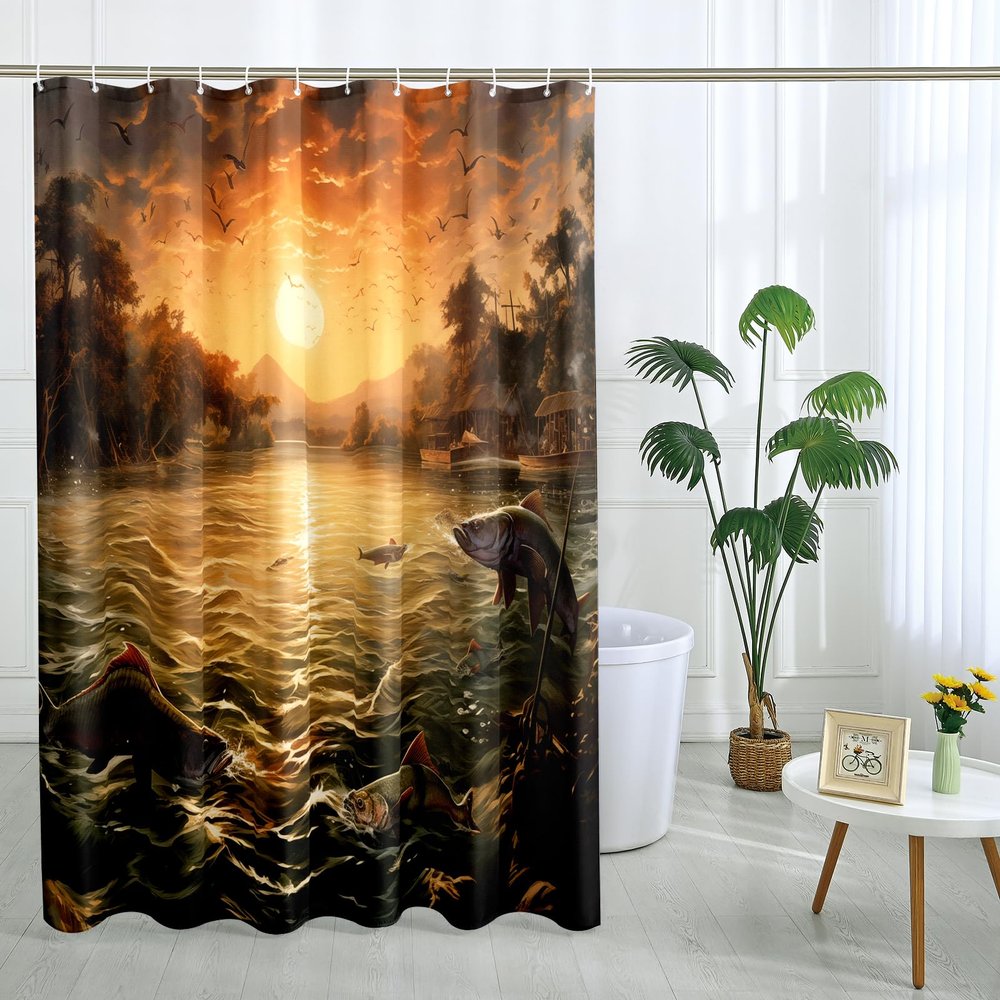 Witzest Fishing Trout Shower Curtain Hunting Fish Shower Curtains Country Lake Scenery Farmhouse Cabin Bathroom Decor Polyester Fabric-72" x 72"