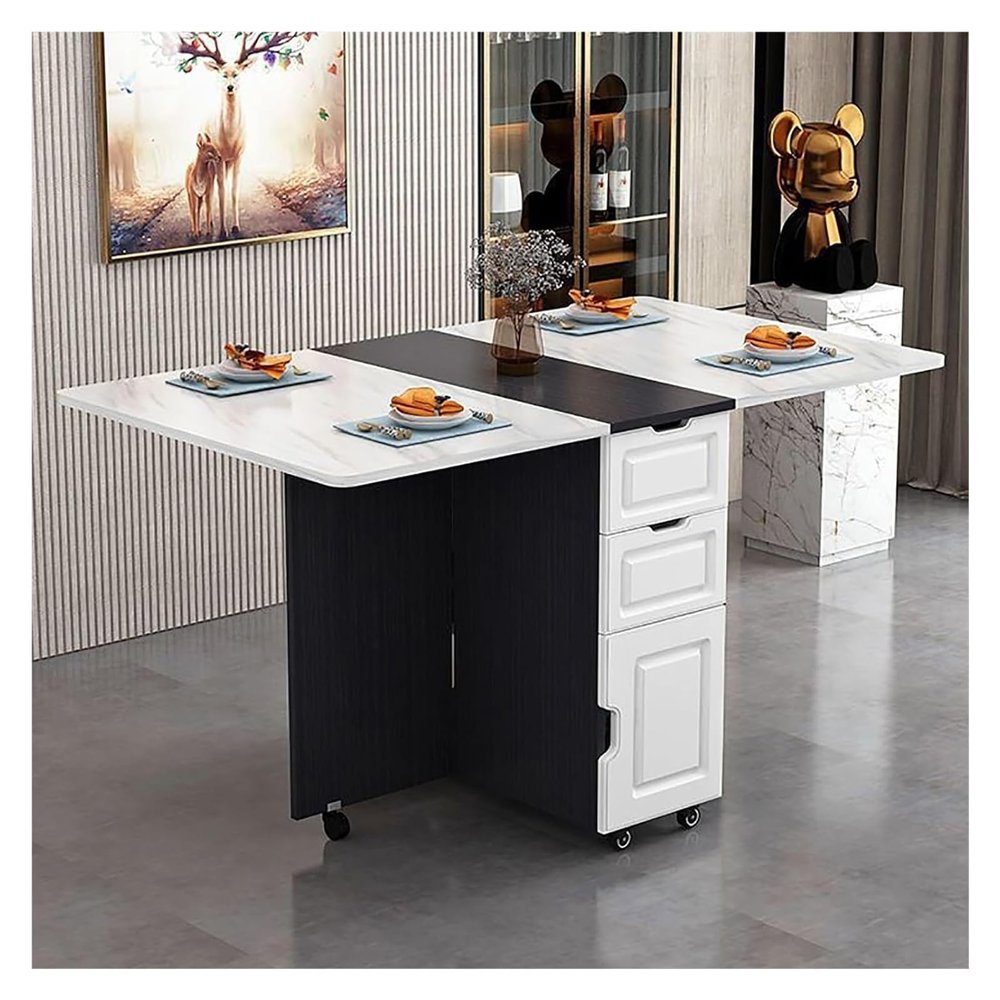 AMydio Folding Dining Table Folding Dining Table with 6 Casters, Drop Leaf Dining Table with Storage Shelves, Folding Kitchen Table for Small Apartments with Storage (Color : Black+White)