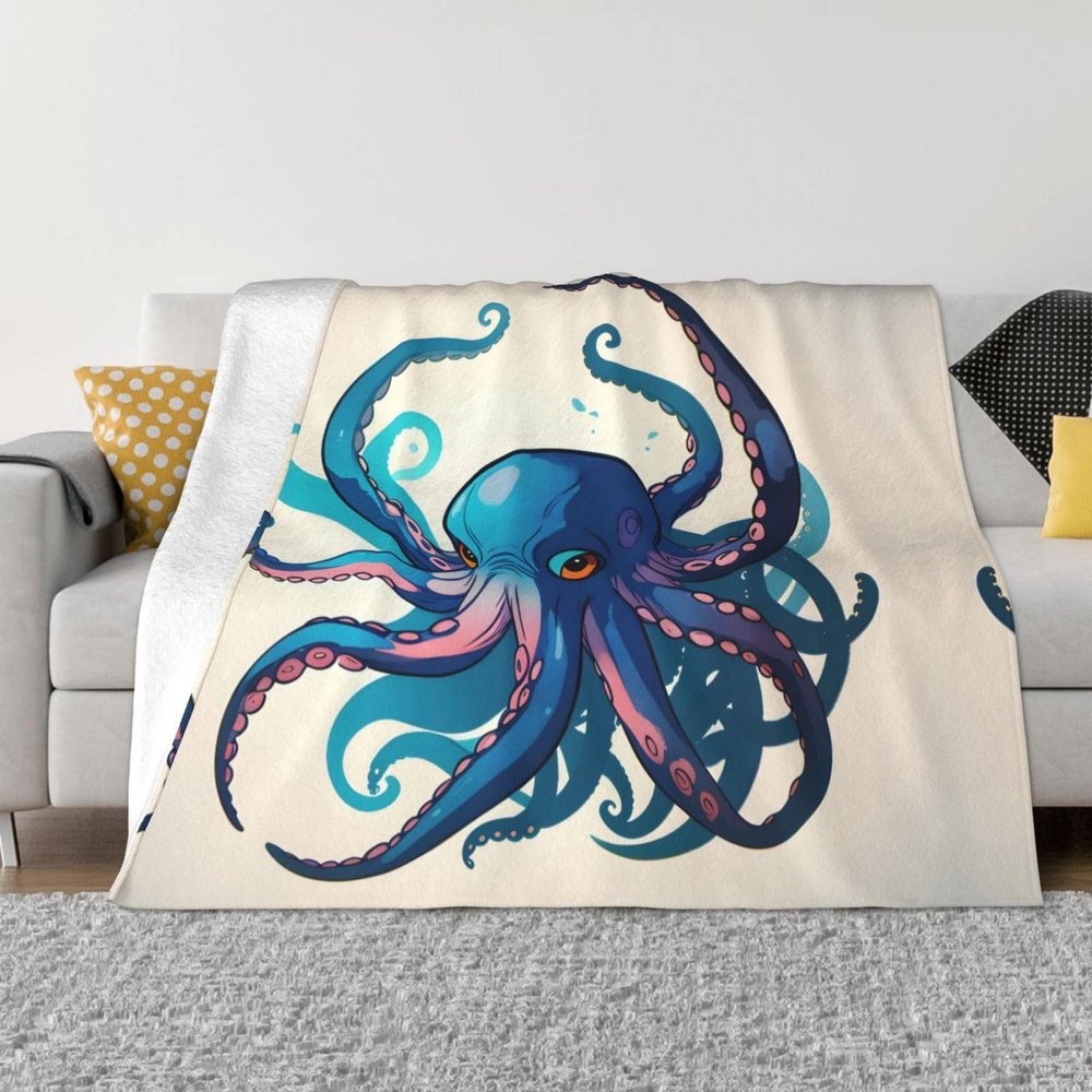 Blue and Purple Octopus Print Fleece Throw Size Blanket for Couch Sofa Or Bed, Soft Plush Flanne for All Seasons 50" X 60"