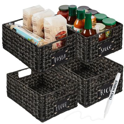 Best Choice Products Set of 4 9x12in Water Hyacinth Pantry Baskets, Woven Organizers w/Chalkboard Label, Chalk Marker - Black