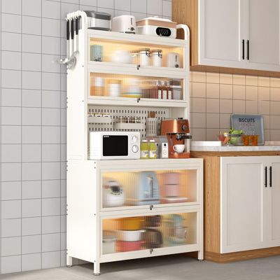 Bakers Rack with Storage, Storage Cabinet, 6-Tier Microwave Stand, Kitchen Storage Cabinet with Flip Door, Bakers Racks for Kitchens Dining Room Living Room, with Dustproof Cabinet Door (Color : Gris