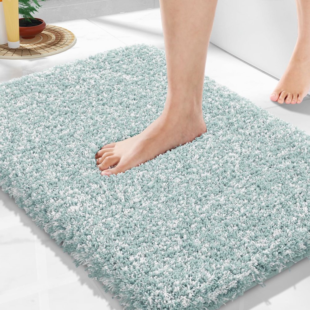 Yimobra Bathroom Rugs Non Slip Washable, Ultra Soft and Water Absorbent Bath Mats, Plush Fluffy Shower Mat Outside, Microfiber Thick Matts for Bathroom Floor/Sink, 24x17, Sky Light Blue and White