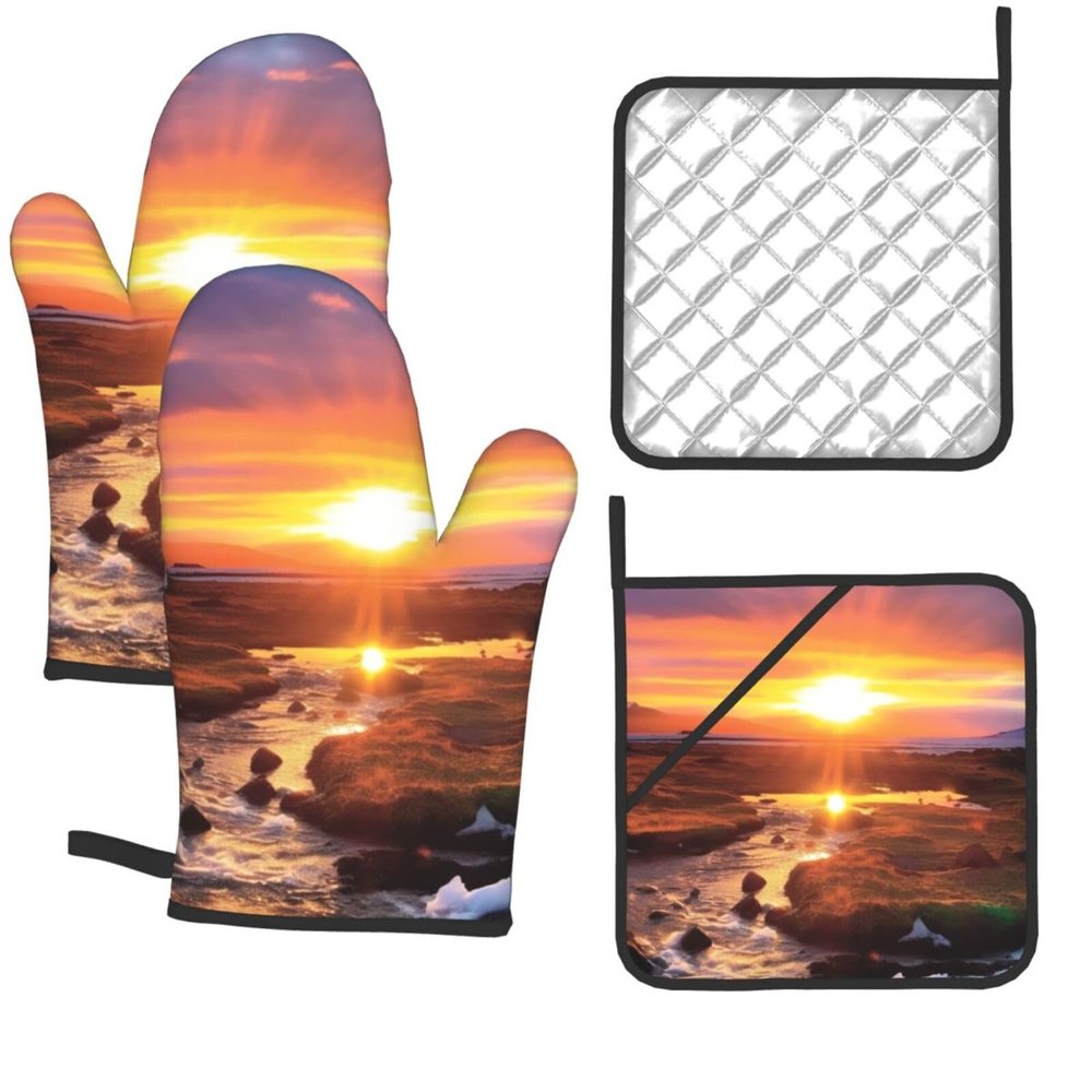 Oven Mitts and Pot Holders 4 pcs Set Oven Glove for Cooking Iceland Sunset Oven Mitt Heat Resistant Kitchen Oven Gloves and Hot Pads Non-Slip Cooking Gloves for Baking Kitchen Hot Pads for Grilling
