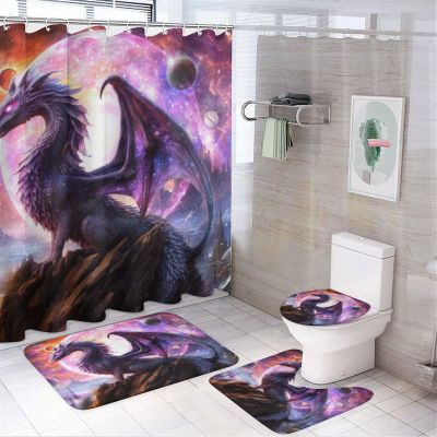 FBMLBRB Brebasf Fantasy Galaxy Dragon 4 Pcs Waterproof Shower Curtain Set,Rustic Outer Space Nebula Ancient Wildlife Purple Dragon with Waterproof Toilet Cover Shower Mat Rugs