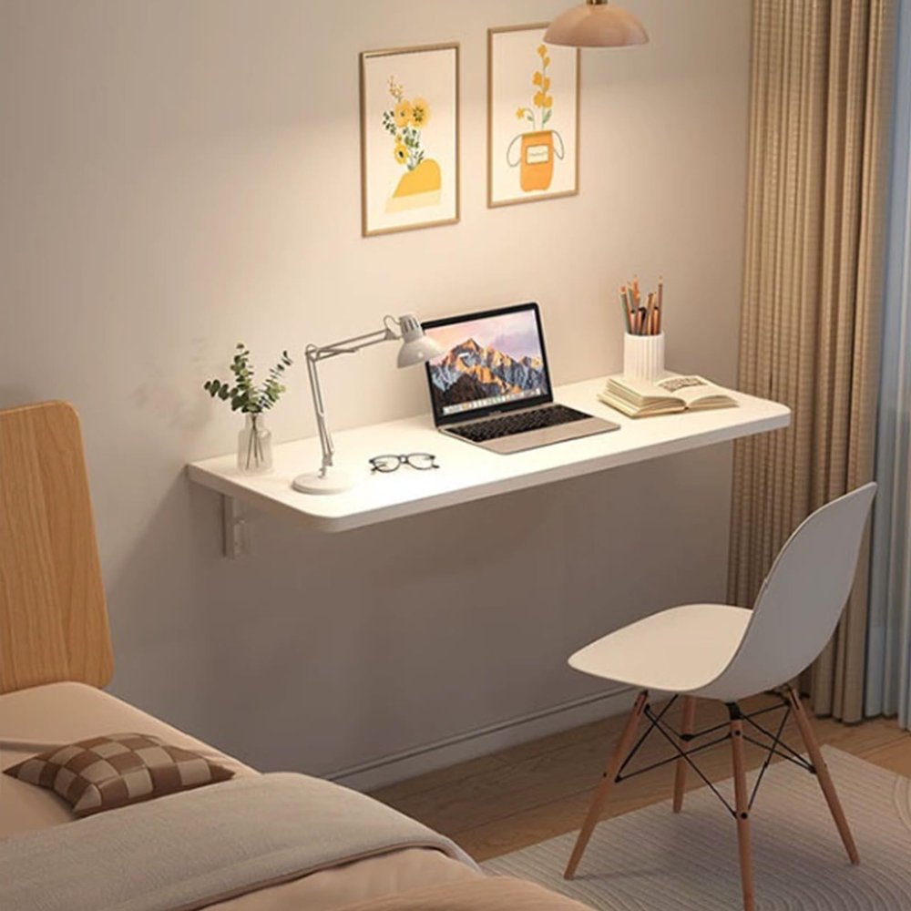 Wall-mounted folding table, wall-mounted folding dining table, slate table top wall-mounted folding table, long narrow table, suitable for milk tea shop bar table kitchen dining table ( Color : White