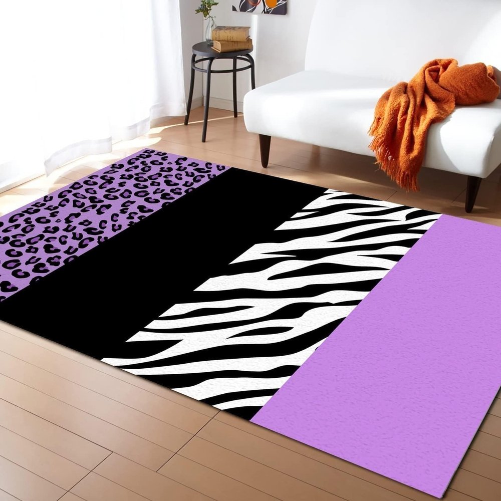 Purple Leopard Texture Minimalism Area Rugs, Black and White Zebra Stripes Non-Slip Kids Rug, Upholstery Rug with Non-Slip Backing for Kids Boys Girls Bedroom Living Room Dining Room Study 2ftx3ft