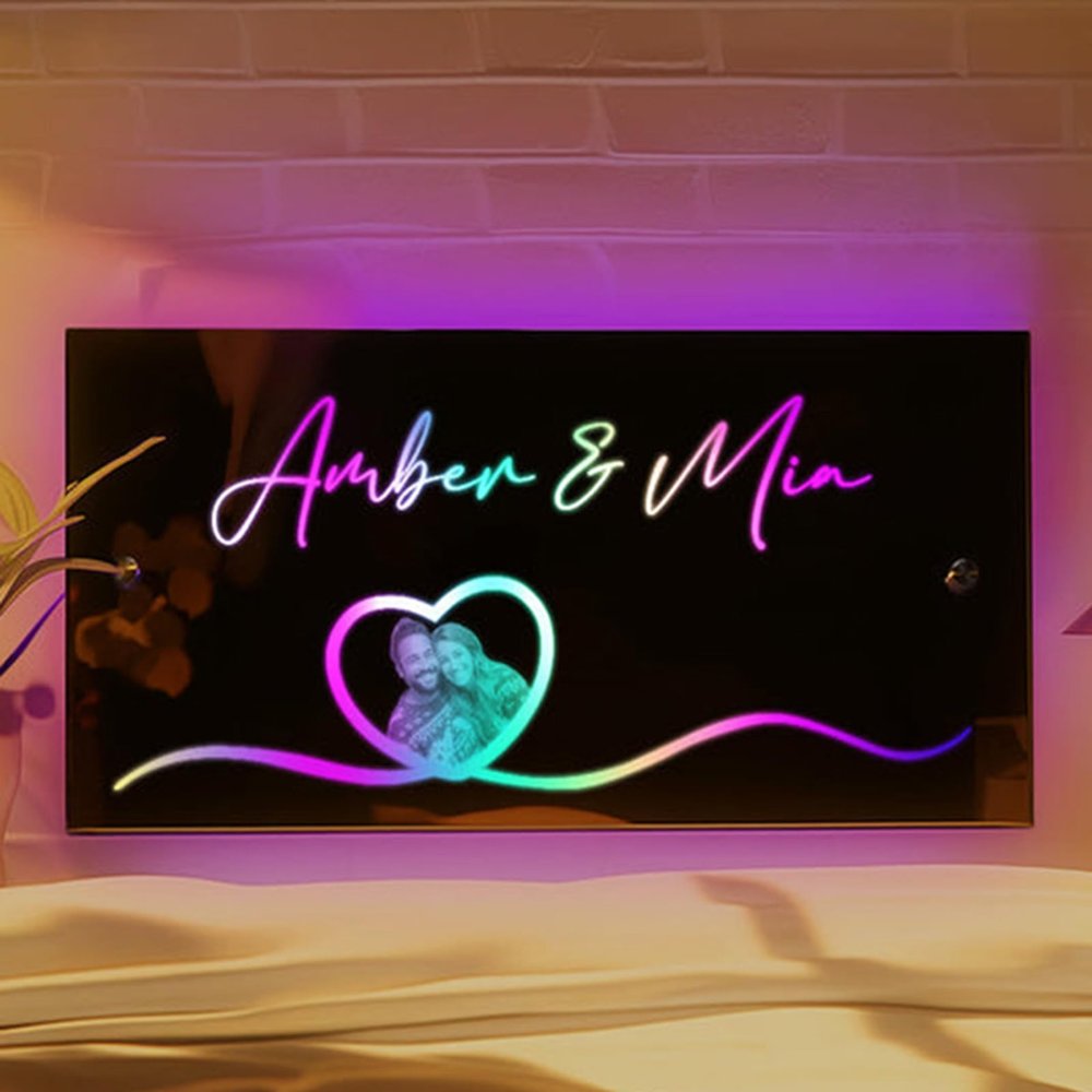 Drawelry Personalized Name Mirror LED Light - Custom Photo Date Light Up Neon Signs Livingroom Bedroom Wall Decor - Custom Photo