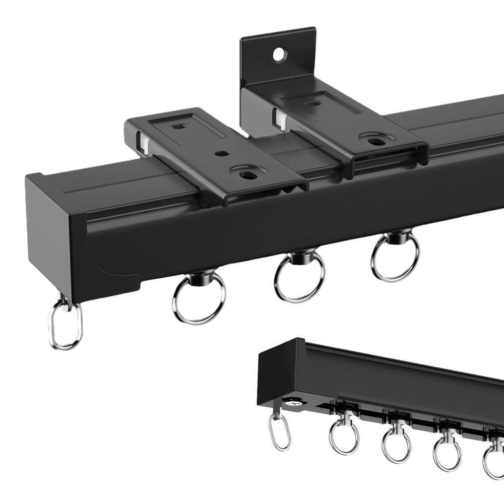 Aluminium Sliding Curtain Track Ceiling Or Wall Mount Curtain Rail Sliders, Windows And Room Divider Curtain Track Set With Bearing Roller Runners, Straight Curtain Track ( Color : Black (Side Mount)