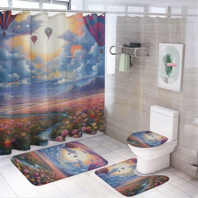 Rural Garden Scenery Shower Curtain Sets for Bathroom, 4 Pieces Colorful Flower Mountain Sunset Hot Air Balloon Vintage Bathroom Decor Set Waterproof Shower Curtains with 12 Hooks Toilet Lid Rug And B