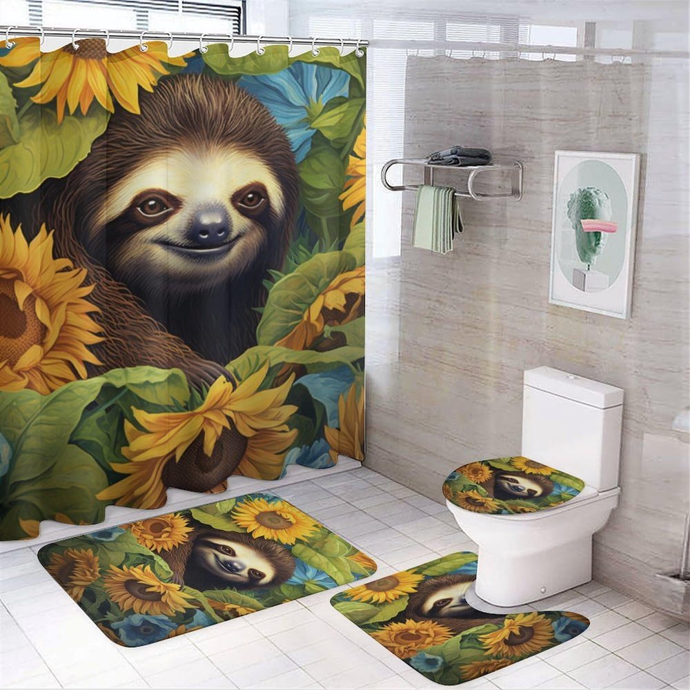 Dunmat Country Rustic Sloth Shower Curtain Sets with Rugs Toilet Lid Cover and Bath Mat Sunflower Wild Animals Shower Curtains with 12 Hooks Waterproof 4 Piece Bathroom Decor Set
