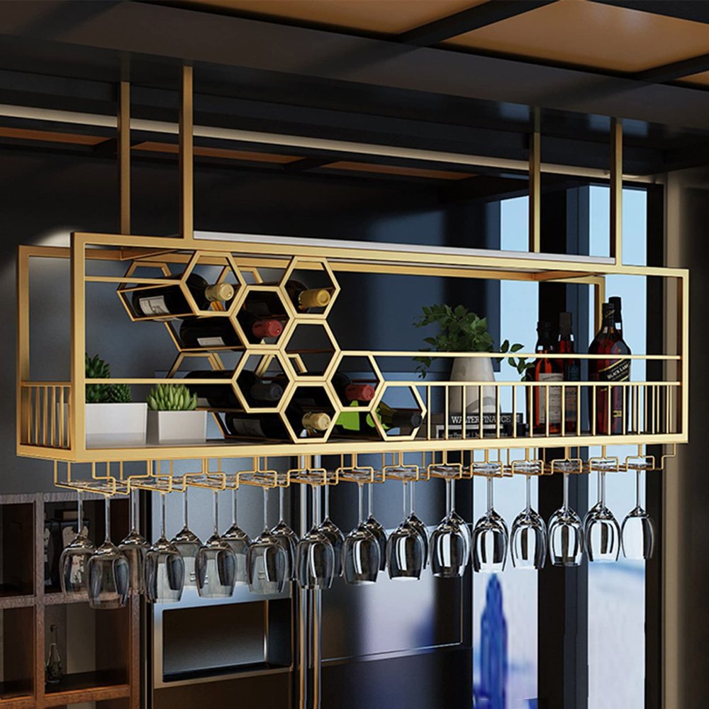 PCWLH Ceiling Mounted Wine Bottle Rack - Stylish Bar Liquor Shelves with Glass Holder - Organize Display in Home Bar, Dining Room, Kitchen