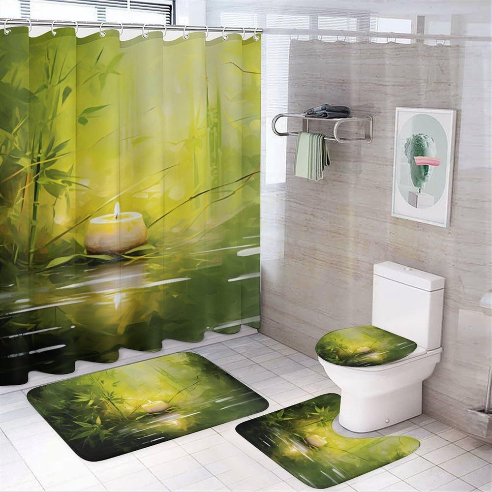 Dunmat Watercolor Bamboo Shower Curtain Sets with Rugs Toilet Lid Cover and Bath Mat Green Plants Rustic Candle Shower Curtains with 12 Hooks Waterproof 4 Piece Bathroom Decor Set