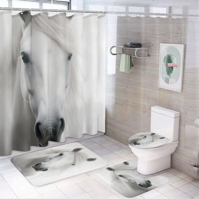 Rustic White Horse Shower Curtain 4 Piece Sets with Non-Slip Rugs,Toilet Lid Cover and Bath Mat Natural Handsome Animal Pictures Waterproof Shower Curtain with 12 Hooks Bathroom Set Home Decor