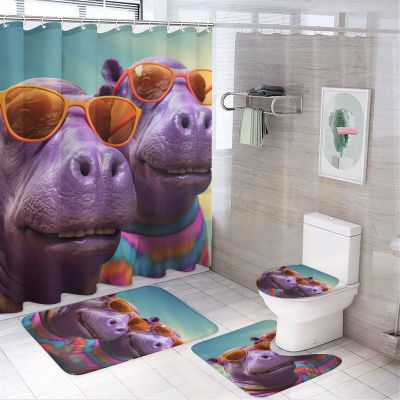 Dunmat 4 Pieces Hippo Wearing Glasses Shower Curtain Set Cartoon Animal Bathroom Decor Sets with Rugs Bathroom Accessories Set Bathroom Curtain Shower Set with 12 Hooks, Style-4
