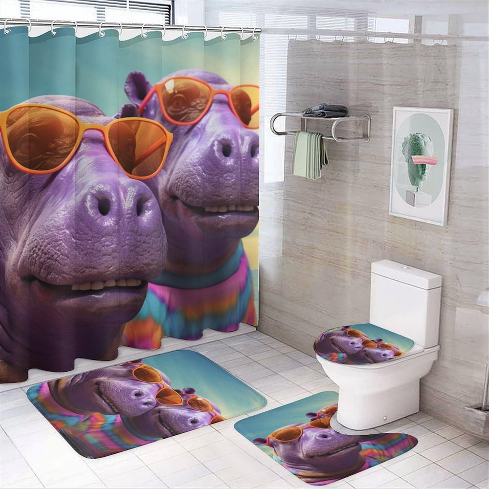 Dunmat 4 Pieces Hippo Wearing Glasses Shower Curtain Set Cartoon Animal Bathroom Decor Sets with Rugs Bathroom Accessories Set Bathroom Curtain Shower Set with 12 Hooks, Style-4