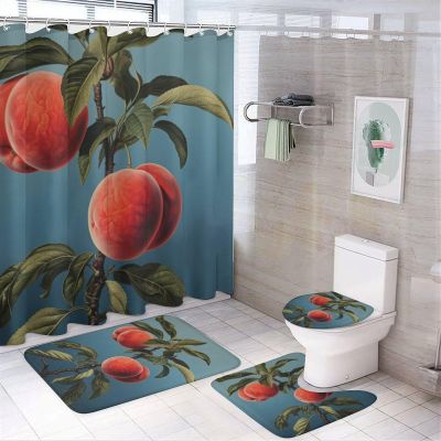 Dunmat 4 Pieces Farmhouse Peach Shower Curtain Set Abstract Fruit Tree Nature Bathroom Decor Sets with Rugs Bathroom Accessories Set Bathroom Curtain Shower Set with 12 Hooks