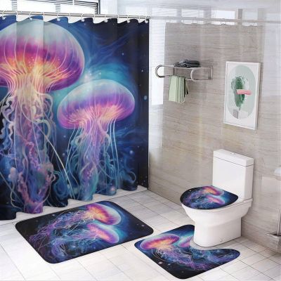 Beautiful Jellyfish Shower Curtain Sets for Bathroom, 4 Pieces Underwater Swimming Animals Vintage Bathroom Decor Set Waterproof Shower Curtains with 12 Hooks Toilet Lid Rug and Bath Mat, Style-3