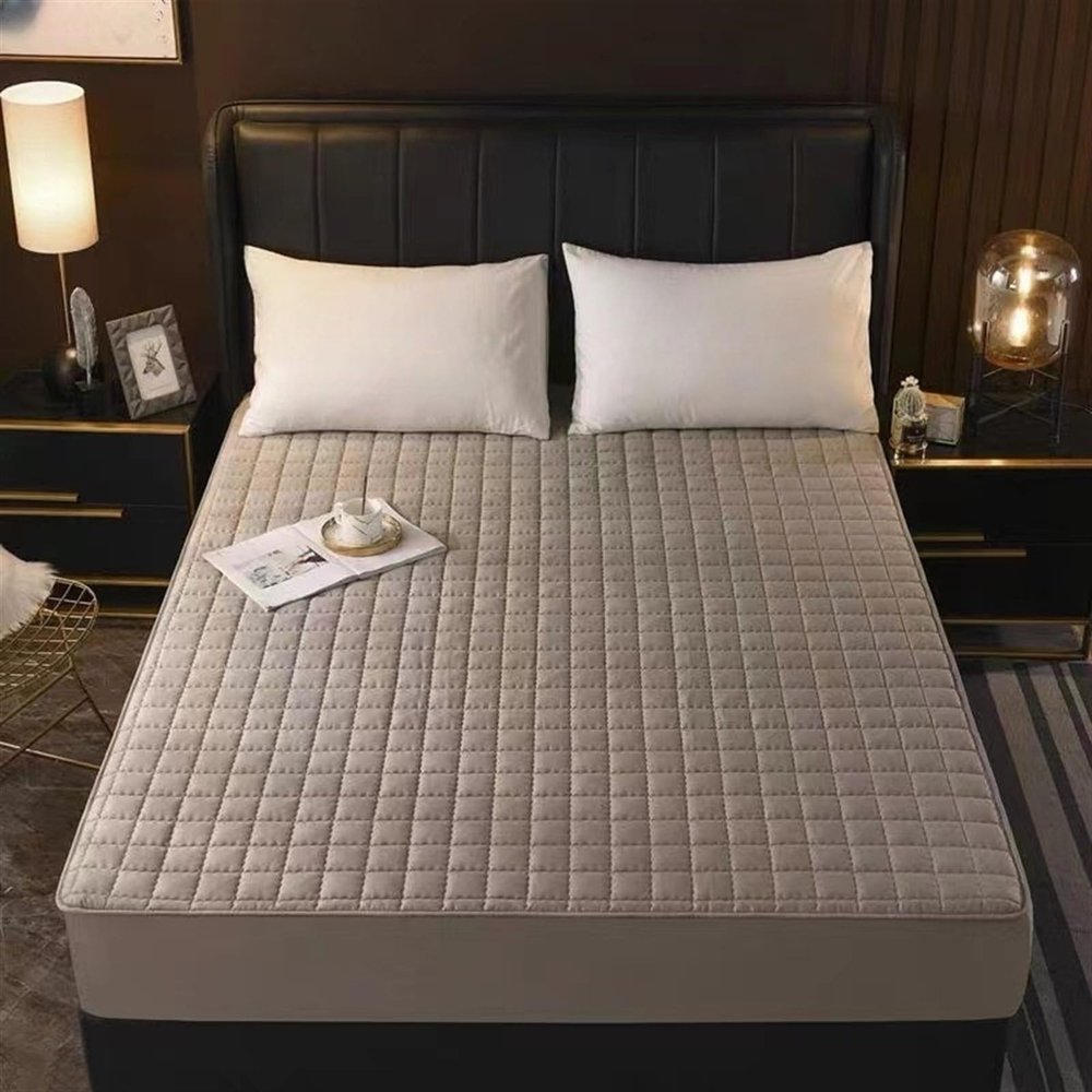 LMXSHJI Fitted Sheet Thicken Quilted Layer 100% Cotton Fabric Mattress Protector Elastic Band Fixation Single Double (Color : Gray, Size : 35"x78.7"+11"/90x200cm+28cm)