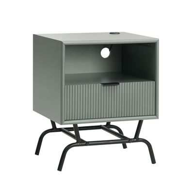 24/7 Shop at Home Quin 18-inch Modern End Table with USB Ports and 3D Wave Panel Drawer, Open Storage Shelf Nightstand, Accent Furniture for Living Room, Bedroom, Guest Room, Sage Green