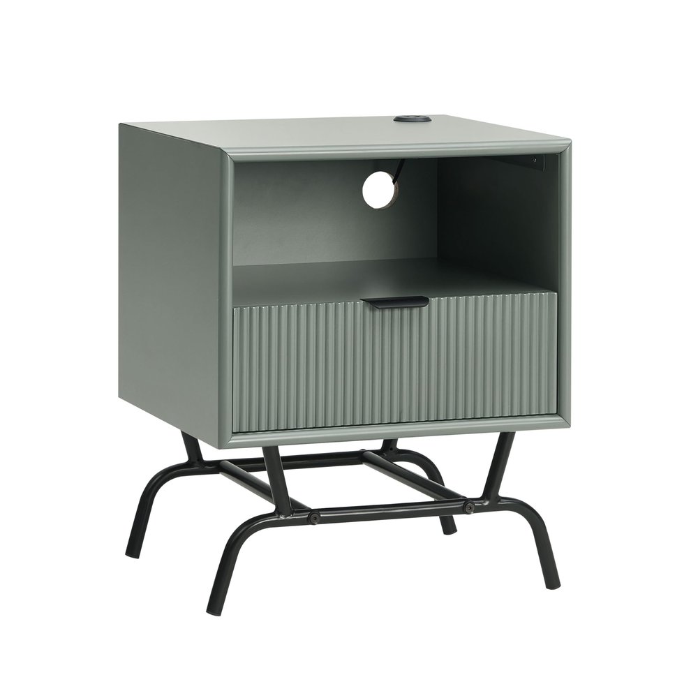 24/7 Shop at Home Quin 18-inch Modern End Table with USB Ports and 3D Wave Panel Drawer, Open Storage Shelf Nightstand, Accent Furniture for Living Room, Bedroom, Guest Room, Sage Green