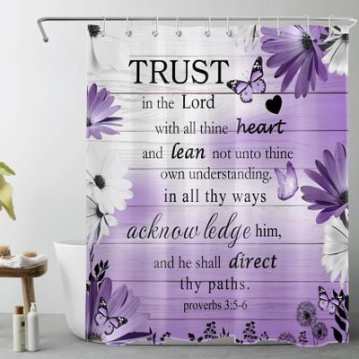 HVEST Farmhouse Floral Shower Curtain for Bathroom,Purple Daisy Flower and Butterfly Bible Verse on Farmhouse Wood Shower Curtain with Hooks,Nature Plant Bathroom Shower Curtain Set,72L X 60W inches