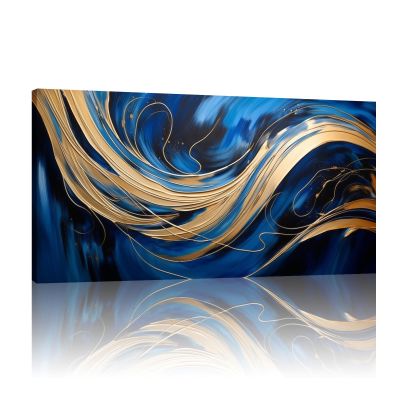 JGGXHM Blue gold foil abstract art A Large Modern Wall Art, Line Art, Home Decor, Drawing, Minimalist golden blue painting -(25x50cm) 10x20in internal frame