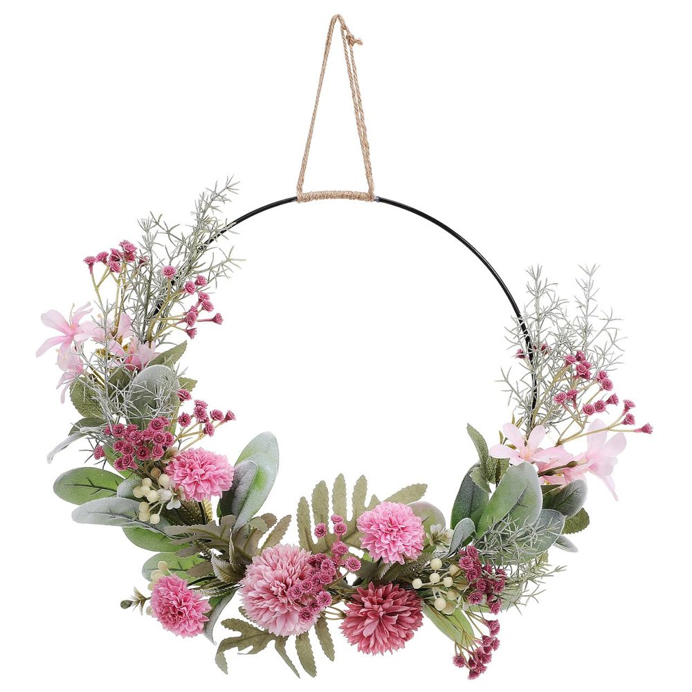 ULDIGI Large Artificial Flower Wreath Pendant Hoop with Pink Faux Floral Greenery for Outdoor Indoor Spring Summer Fall Winter Wedding Front Home Door Ring Decoration Season Celebrations