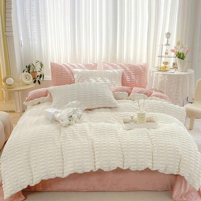 Velvet Fluffy Bedding Duvet Cover Set, Ultra Soft Warm Bedding Set With 1 Duvet Cover, 1 Bed Sheet, 2 Pillowcase, Down Comforter Quilt Cover With Metal Zipper, 4 Ties ( Color : /White , Size : 220x240