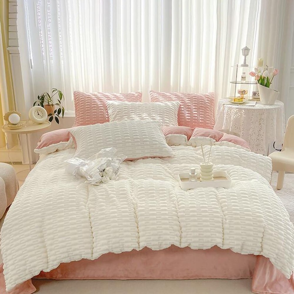 Velvet Fluffy Bedding Duvet Cover Set, Ultra Soft Warm Bedding Set With 1 Duvet Cover, 1 Bed Sheet, 2 Pillowcase, Down Comforter Quilt Cover With Metal Zipper, 4 Ties ( Color : /White , Size : 220x240