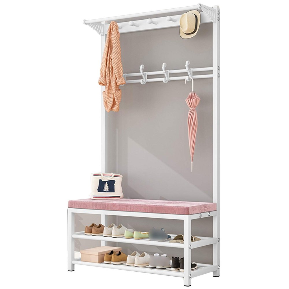 Coat Rack Stand Clothes Rack Stand, Free Standing Houseware With Shoe Stand Bench, Max Load 300 Kg, Clothes Handbag Shoe Storage For Hall Entryway Office, 5 Color (Pink+white 80X33