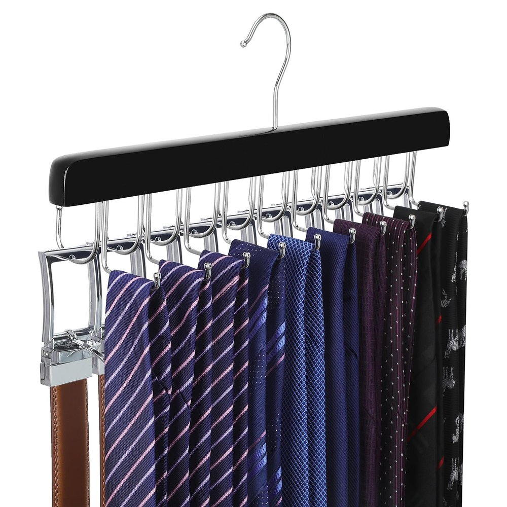 TOPIA HANGER 20 Hooks 2 in 1 Belt Tie Hanger for Closet Max 30 Belts with 30 Ties Capacity, Belt Tie Racks Wooden Hanger for Closet Organizer Storage U Fit for Belt and Fit for Tie - CT47B