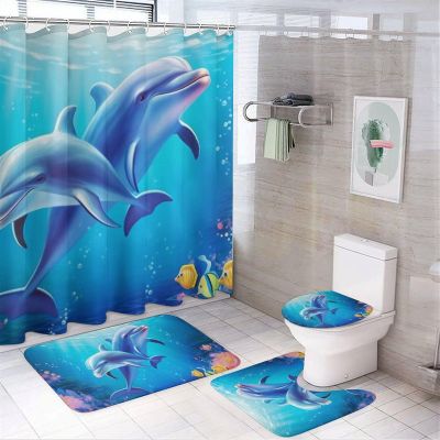 Dunmat 4Pcs Cartoon Dolphin Shower Curtain Sets with Non-Slip Rugs, Toilet Lid Cover and U Shape Bath Mat, Colorful Ocean Cute Animals Bathroom Sets Waterproof Shower Curtains with 12 Hooks, Style-4